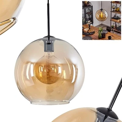 Afbeelding van hanglamp Koyoto, van metaal/glas in zwart/amber/helder, 1 lamps lamp vintage/retro design met glazen kap (Ø 30 cm), hoogte max. 152 cm, x E27, zonder gloeilamp