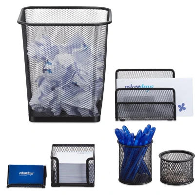Afbeelding van Relaxdays bureau organizer mesh 6 delige set prullenbak pennenbak documentenhouder zwart