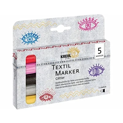 Afbeelding van KREUL 92651 Textielmarkerset glitter, medium, 5 stuks, lijndikte 2 tot 4 mm, halfdekkende textielverfstiften op waterbasis met glittereffect