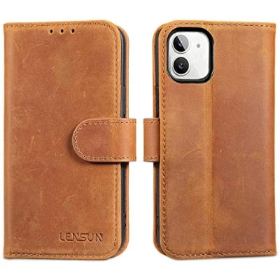Afbeelding van Lensun Beschermhoesje voor iPhone 12 Mini, echt lederen hoes met RFID blokkering, boek portemonnee, schokbestendig, magneetsluiting, flipcase, leren retro bruin