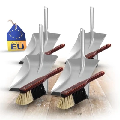Afbeelding van 4x stoffer en blik sets paardenhaarmengsel handborstel hout bruin gelakt met set metaal rubberen lip zachte haren borstel