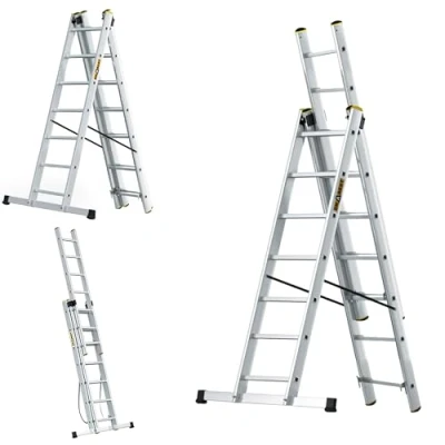 Afbeelding van DRABEST Ladder PRO Serie Aluminium 3 delige 3x7 Treden Multifunctionele Combinatie tot 150 kg draagvermogen Werkhoogte 5,05 m incl. emmerhaak