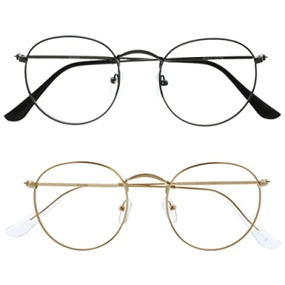 Afbeelding van Opulize B94 9BB94 Leesbril met blauw lichtfilter, 2 metalen monturen, retrobril, presbyopie voor heren en dames, verbetert de slaap vermindert hoofdpijn, pc videospelletjes, Zilver/Goud, +3,00
