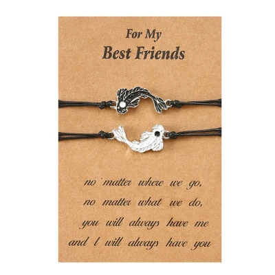 Afbeelding van Vriendschapsarmbandjes voor 2 met Koi Karper Zwart/Wit Zwarte Bandjes Ying Yang BFF Armbandjes op Cadeau kaartje Pax Amare