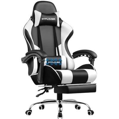 Afbeelding van GTPLAYER Game stoel massage, gaming bureaustoel ergonomische met voetensteun, verstelbare hoofdsteun en lendensteun, in hoogte verstelbaar,wit