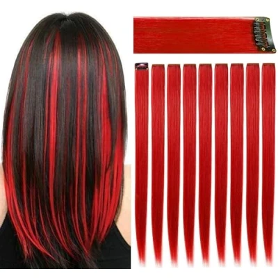 Afbeelding van ZHAOWWEI 9 stuks prinses rode haarverlengingen meerdere kleuren party highlights strepen synthetische haarstukjes clip in/clip on gekleurde (rood)