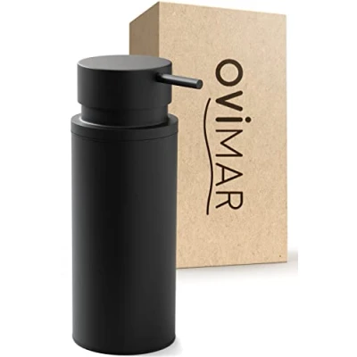 Afbeelding van ovimar zeepdispenser Haja zwart mat roestvrij staal vrijstaand zonder boren met extra grote opening eenvoudig bij te vullen voor de badkamer of keuken