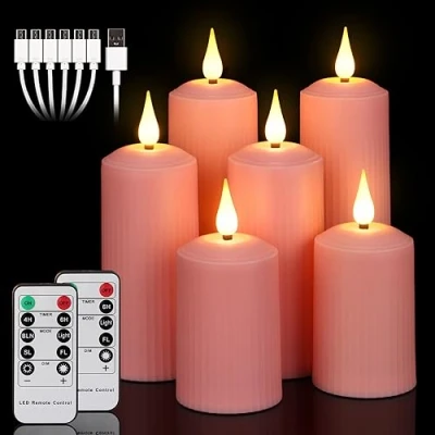 Afbeelding van yunsheng Oplaadbare led kaarsen met afstandsbediening 10 toetsen, outdoor, waterdicht, vlamloze 6/8H timer, Romeinse stompkaars in set van 6 (5,1 x 10,5/14/16,5 cm), roze, type C