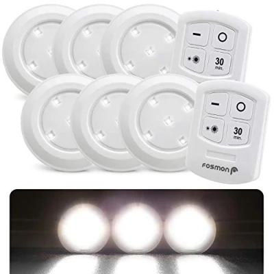 Afbeelding van Fosmon draadloze puckledlichten met afstandsbediening, verlichtingsbeheer, 5 witte leds dagverlichting, brede stijl voor Floodlight projector, timer van 30 minuten, werkt op batterijen, 6 stuks