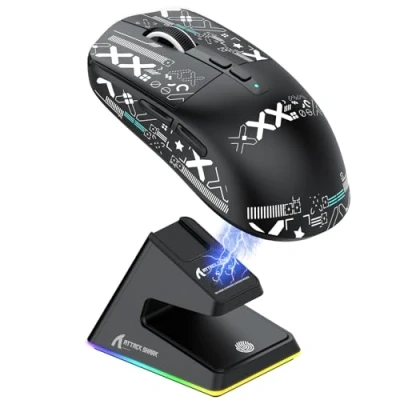 Afbeelding van ATTACK SHARK X6 49g SUPERLIGHT muis met magnetisch oplaaddock, PixArt PAW3395 gamingsensor, BT/2.4G draadloze/bedrade gamingmuis tape, 26000 DPI, X3 upgrademuizen voor Win11/Xbox/PS/Mac (zwart)