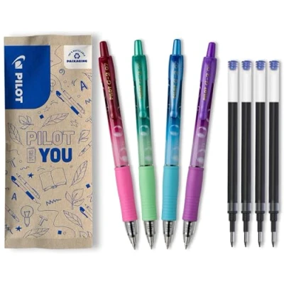 Afbeelding van PILOT Set van 4 G2 Bubble + navullingen Intrekbare en navulbare Gel Roller Pennen Uitstekend schrijfcomfort Gekleurde vaten (paars, groen, turquoise, bordeaux) Blauwe inkt Medium Tip