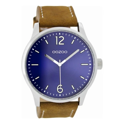 Afbeelding van OOZOO Timepieces Zilverkleurige horloge met bruine leren band C9046