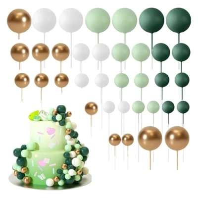 Afbeelding van 36 stuks baltaarttoppers mini ballontaartdecoraties, schuimbal taartplectrums, bolvormige cupcaketoppers, doe het zelf taarttoppers voor bruiloft, verjaardagsfeest, taartdecoraties (donkergroen)