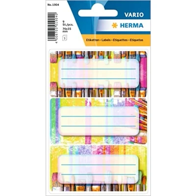Afbeelding van HERMA 1904 boeketiketten om te beschrijven, penseel (76 x 35 mm, 9 naamstickers, papier, mat) zelfklevend, permanent hechtende schoollabels voor boeken, schriften, dozen, huishouden, kleurrijk
