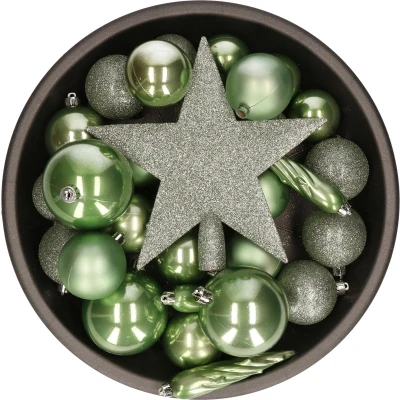 Afbeelding van 33x stuks kunststof kerstballen met piek 5 6 8 cm salie groen incl. haakjes Kerstbal