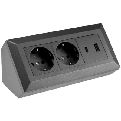 Afbeelding van Stekkerdoos hoekcontactdoos 2 voudig geaarde contactdoos USB A C PD antraciet