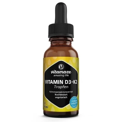 Afbeelding van Vitamine D3 + K2 Druppels hoge Dosis &amp; vegetarisch, 50 ml (1700 Druppels), 1000 IE K2, vloeistof, meer dan 99,7% all trans MK 7, Voedingssupplement zonder Additieven, Made in Germany
