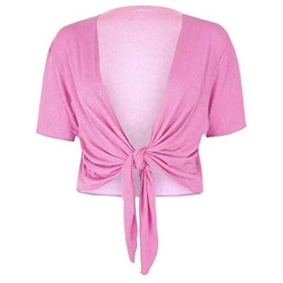 Afbeelding van Fashion Essentials Dames Korte Mouwen Effen Tie Up Shrug Stretch Fit Cropped Cardigan Bolero Top Plus Size Lichtroze UK 20 22, Lichtroze, 22