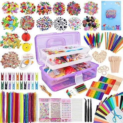 Afbeelding van TAVADA Knutselset voor kinderen,3000+Stuks,Doe Het Zelf Knutselkoffer,Craft Kit kinderen inclusief pijpenrager,Wiggle ogen,sticks,veren,pompons,kralen,scrapbooking,DIY Art Craft Set