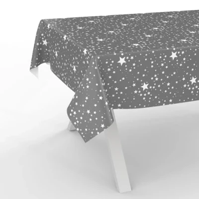 Afbeelding van ANRO Wasdoek tafelkleed, afwasbaar, tuintafelkleed, waterafstotend, met snijrand, sterren, 200 x 140 cm, zilver