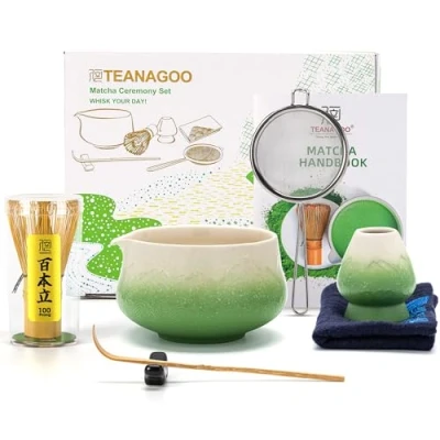 Afbeelding van TEANAGOO 7 stuks Matcha garde Set, groene Ceremonie Poeder Kit, Thee Set voor het maken van Latte, Klop en Kom met Schep &amp; Zeef, Fuji Design Keramische Kom, Cadeau
