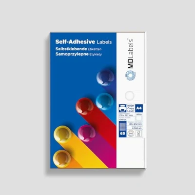 Afbeelding van MDlabels Universele etiketten DIN A4 zelfklevende etiketten, bedrukbaar, wit (38 x 21,2 mm, 6500 op 100 vellen)