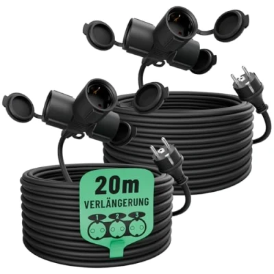 Afbeelding van greate 2 x 3 voudige verlengkabel voor buiten, 20 meter, waterdicht, IP44, meervoudige stekkerverlenging, m, 3500 W, outdoor verlengsnoer