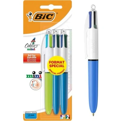 Afbeelding van BIC 4 kleuren mini balpen, intrekbaar, middelste punt (1,0 mm) klassieke en fantastische gesorteerd, blisterverpakking, 3 stuks