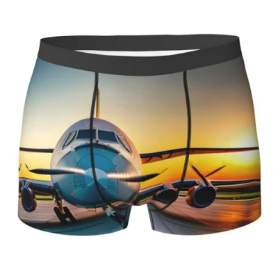 Afbeelding van Vliegtuigen Premium Elastische Boxershorts voor heren, comfortabel en ademend herenondergoed, Vliegtuigvliegtuig bij zonsondergang, M