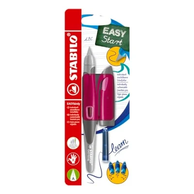 Afbeelding van Ergonomische schoolvulpen voor rechtshandigen met beginnerspunt A STABILO EASYbirdy in bessenroze los exemplaar schrijfkleur blauw (uitwisbaar) inclusief inktpatroon en hulpstuk
