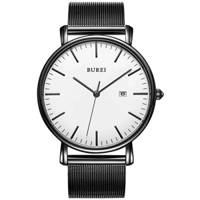 Afbeelding van BUREI Ultradunne minimalistische moderne herenhorloge Classy Date met klassiek eenvoudig ontwerp van groot gezicht en zwarte roestvrijstalen band