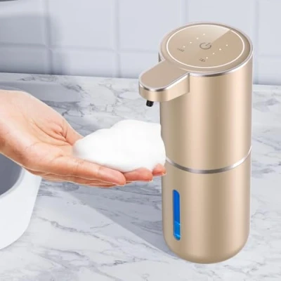 Afbeelding van Amyzavls Automatische zeepdispenser, 380 ml, wandbevestiging, contactloos, elektrische zeepdispenser met sensor, USB oplaadbaar, schuimzeepdispenser voor badkamer, keuken, goud