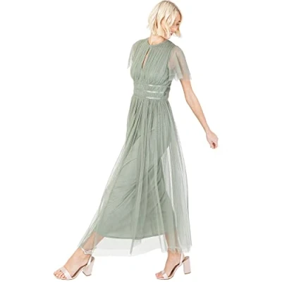 Afbeelding van Anaya with Love Dames Midaxi Jurk Hoge Taille Sleutelgat Korte Flutter Mouw Crew Halslijn voor Bruiloft Gast Bruidsmeisjes Prom, Frosty Groen, 52