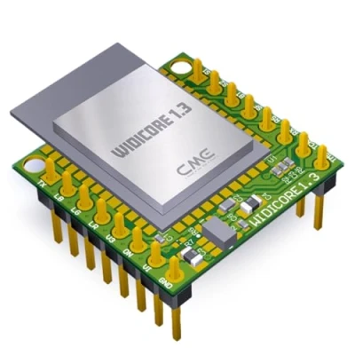 Afbeelding van CME WIDI Core Smart (BLE) breakout board die premium MIDI over Bluetooth Low Energy implementeert zoals ontwikkeld door met onboard PCB antenne en bevolkte pin header.
