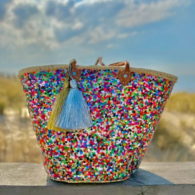 Afbeelding van Bohemida Rieten Tas Boho Ibiza Shopper tas/Strandtas Multi pailletten Boodschappentas Mandtas Boodschappenmand