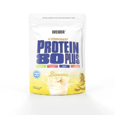 Afbeelding van Weider proteïne 80 plus eiwitpoeder, banaan, lowcarb, meercomponenten casein whey mix voor eiwitshakes, 500 g