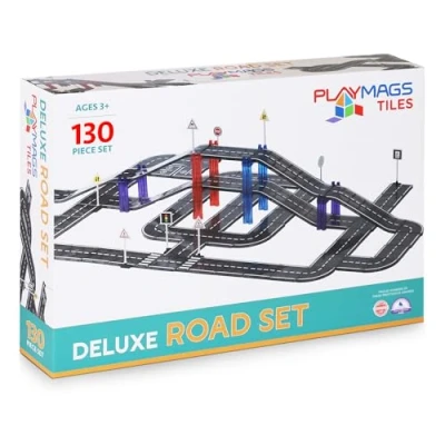 Afbeelding van Playmags Magnetische Tegels Wegenset Voor Kinderen 130 Delige Bouwstenen Speelgoed Duurzaam Creatief STEM Leerspeelgoed Met Gebogen En Rechte Autoracebaan Vanaf 3 Jaar