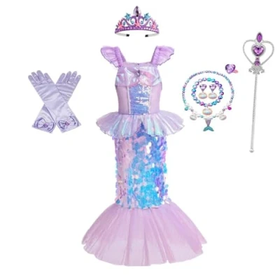 Afbeelding van Lito Angels Zeemeermin Prinses Kostuum met Accessoires Verjaardagsfeestje Outfit voor Kleuter Meisjes Maat 122 Leeftijd 6 7 Jaar Markering 130