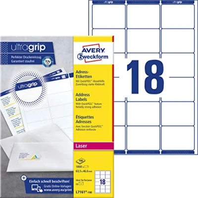 Afbeelding van AVERY Zweckform L7161 100 Adreslabels/adreslabels (1800 etiketten met ultragrip, 63,5 x 46,6 mm op A4, bedrukbaar, zelfklevend, voor DIN B6/C6 enveloppen, mat papier) vellen, wit