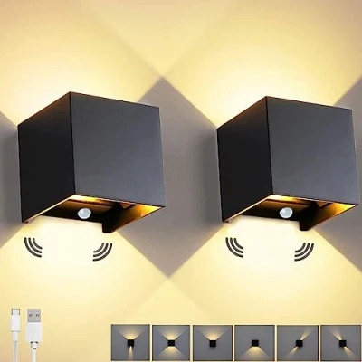 Afbeelding van Led wandlamp voor binnen, 6 W, met bewegingssensor, 3000K warmwit, werkt oplaadbare batterij, verstelbare stralingshoek, nachtlampje, trap, hal, zwart