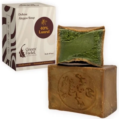 Afbeelding van GREEN FADEL Aleppo Zeep Original 1 x 200g (Deluxe) 40% Laurierolie, 60% Olijfolie, Olijfoliezeep, Kernzeep, Natuurlijke Zeep, Soap, Handgemaakt, Vegan, voor Gezicht &amp; Lichaam