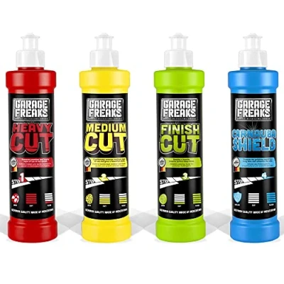 Afbeelding van Garage Freaks Complete autopolijstset: Heavy Cut polijstmiddel 250 ml + Medium hologramverwijderaar Finish hoogglans polish Protection Carnauba Shield wasverzegeling