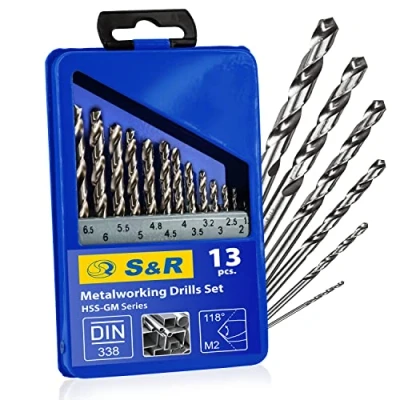 Afbeelding van S&amp;R metaalboorset 1,5 6,5 mm 118, 13 stuks, GM serie, DIN 338, geslepen, HSS staal, metalen doos, professionele kwaliteit