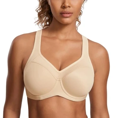 Afbeelding van SYROKAN Vrouwen Volledige BH Ondersteuning Racerback licht gevoerd Onderdraad Sport Beha Beige 90D