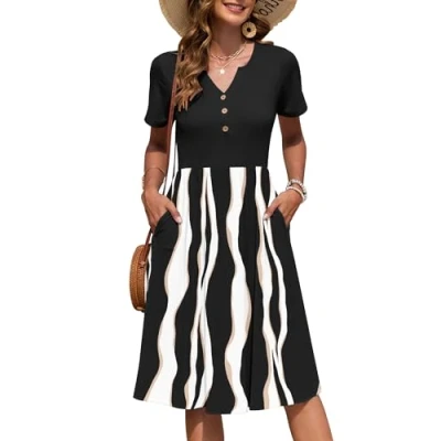Afbeelding van AUSELILY Zomerjurk met korte mouwen voor dames, midi empire, ongedwongen, V hals, geplooide jurk zakken, L