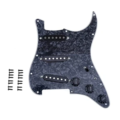 Afbeelding van Musiclily 11 Schroefgaten SSS Strat Pickguard Loaded Slagplaat met Single Coil Elementenset voor Stratocaster stijl Elektrische Gitaar,4 laags Black Pearl