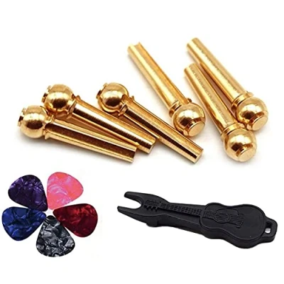 Afbeelding van Alnicov 6 Stuks Messing Gitaar Brug Pins Endpin met Bridge Pin Puller Remover &amp; 5 Picks voor Snaren Akoestische