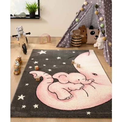 Afbeelding van Vloerkleed Kinderkamer Olifant Adventures Grijs/roze 120x170 Cm