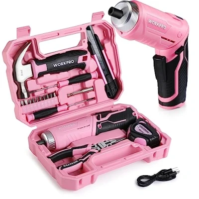 Afbeelding van WORKPRO 18 delige gereedschapsset roze met 3,7 V accuschroevendraaier klein, gereedschapskoffer gevuld 10 bits, hamer, precisieschroevendraaier, cuttermes, meetlint, punttang, cadeau voor doe het zelvers