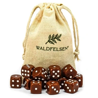 Afbeelding van Waldfelsen 6, 12, 20, 30 of 50 hoogwaardige dobbelstenen, standaardformaat, 16 mm, acryldobbelstenen, speeldobbelstenen, 6 zijdig, zeszijdig speelaccessoireset met stoffen zak (bruin, 12